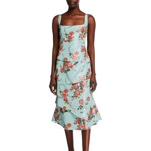 Green Quantilla Floral-Print Tiered Satin Dress by Brock Collection